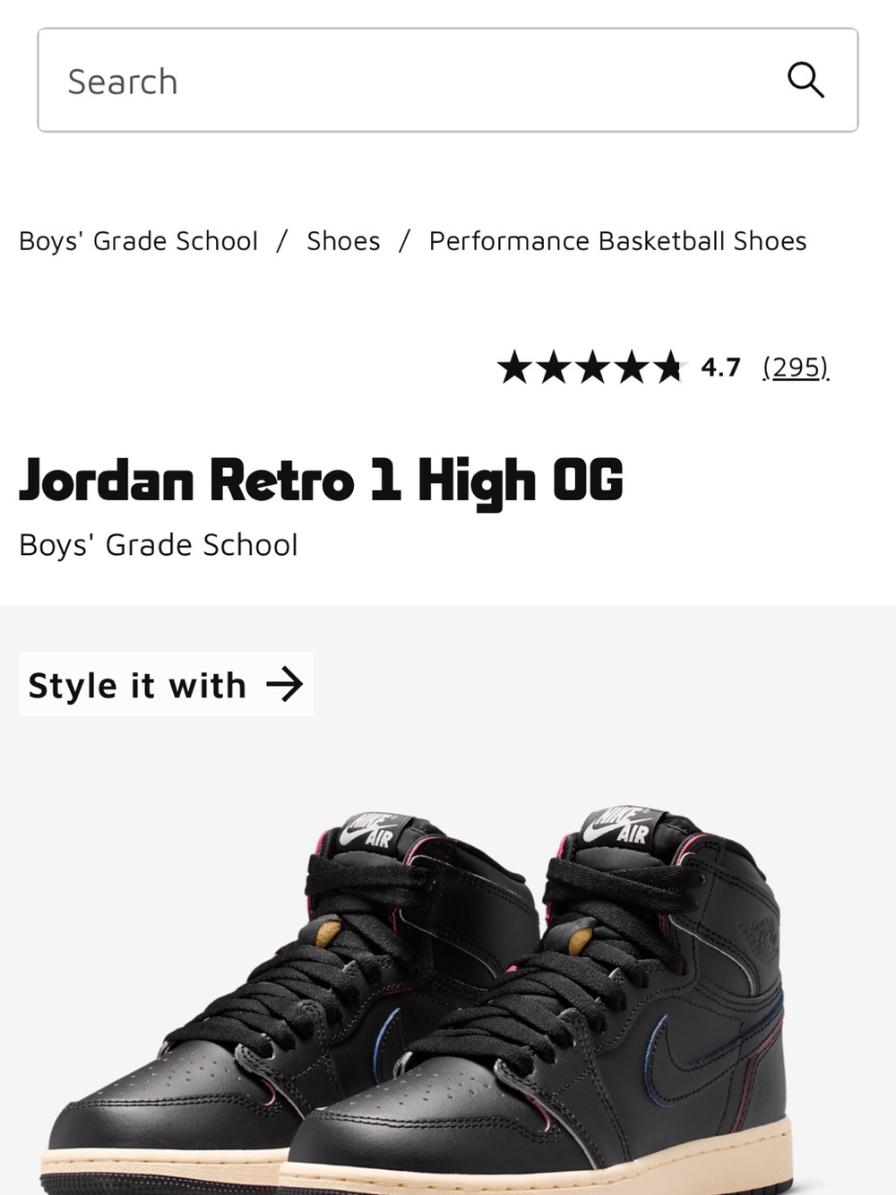 Nike Kids Jordan Retro 1 High OG Black with Cream Sole and Red Accents